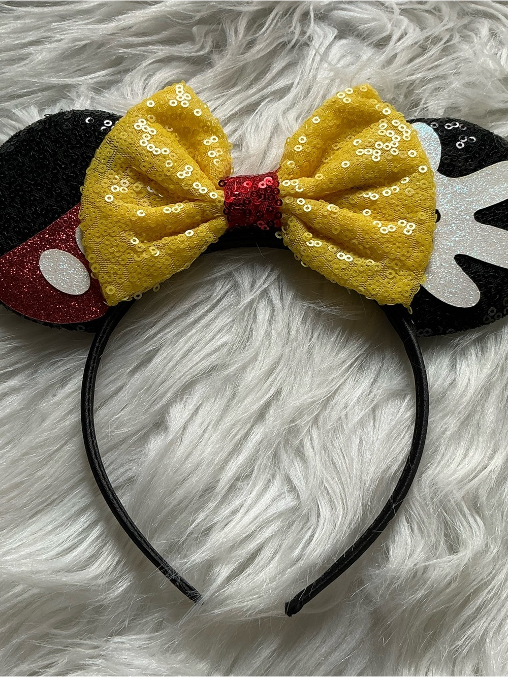 Sequined Mickey Mouse Ears Headband With a Yellow Bow